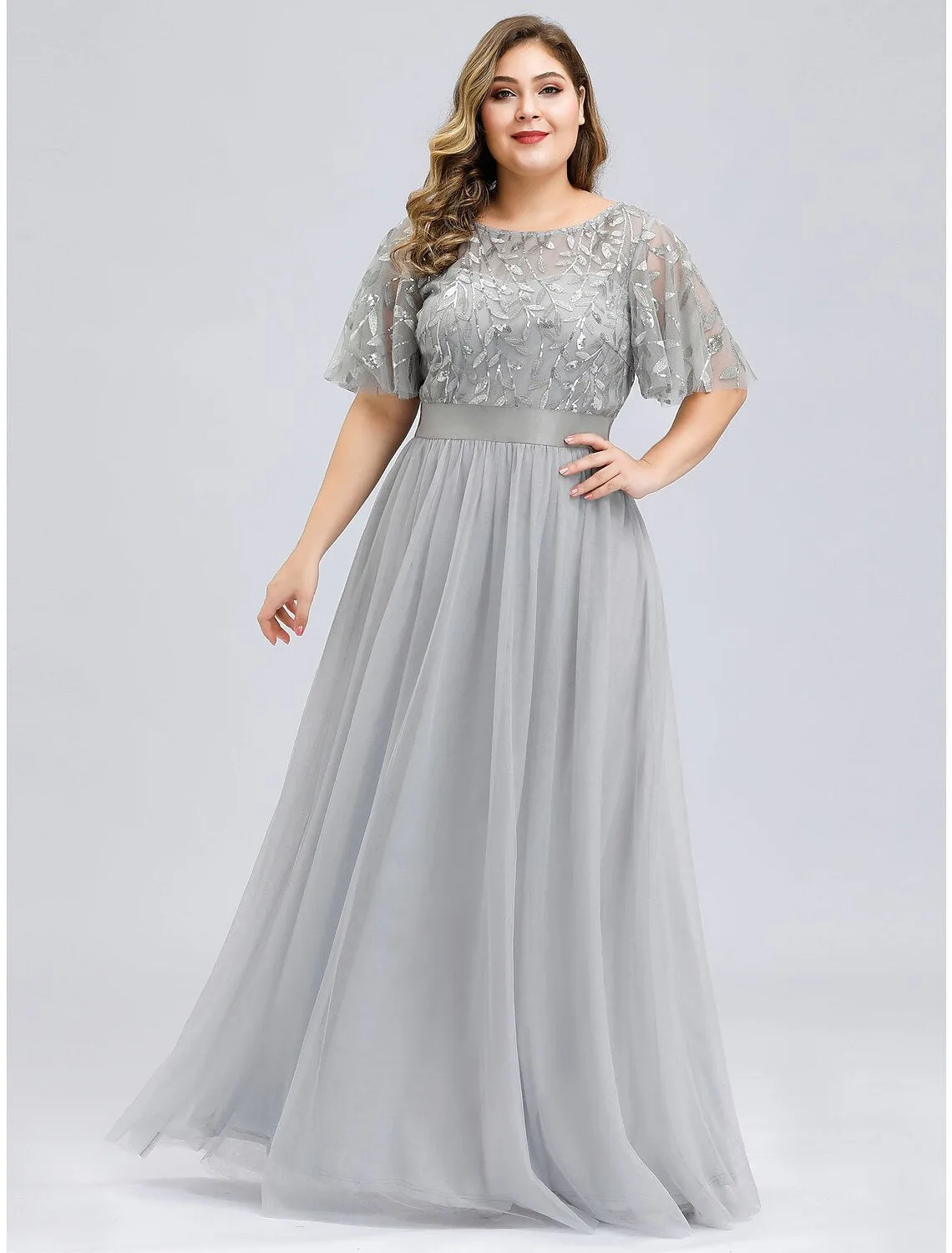 A-Line Prom Dresses Empire Dress Wedding Guest Floor Length Short Sleeve Jewel Neck Tulle with Sequin Appliques