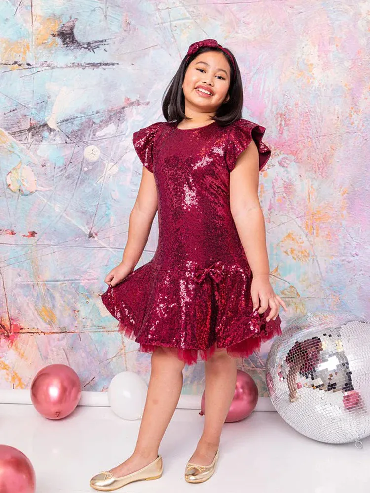 Big Girls Burgundy Sequin Ruffle Tutu Junior Bridesmaid Dress 8-12