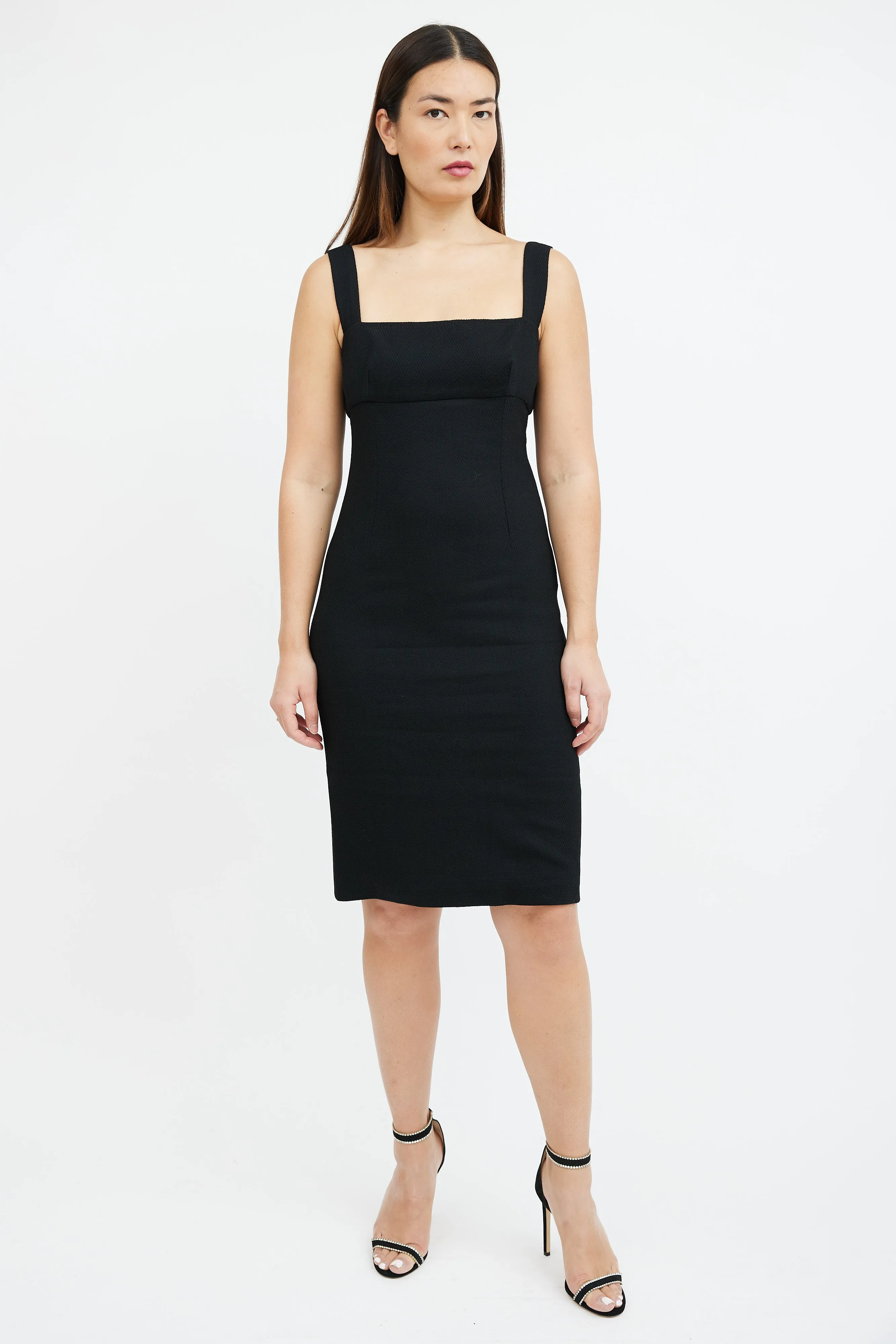 Black Textured Wool Midi Dress