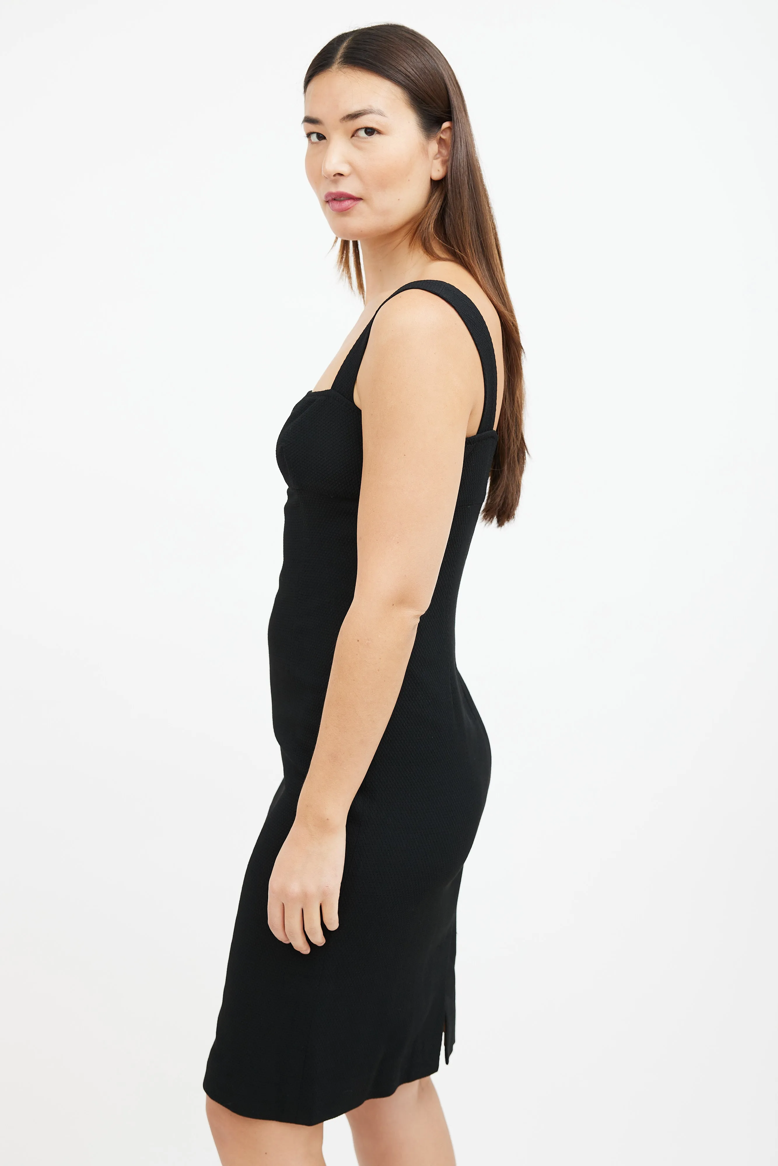 Black Textured Wool Midi Dress
