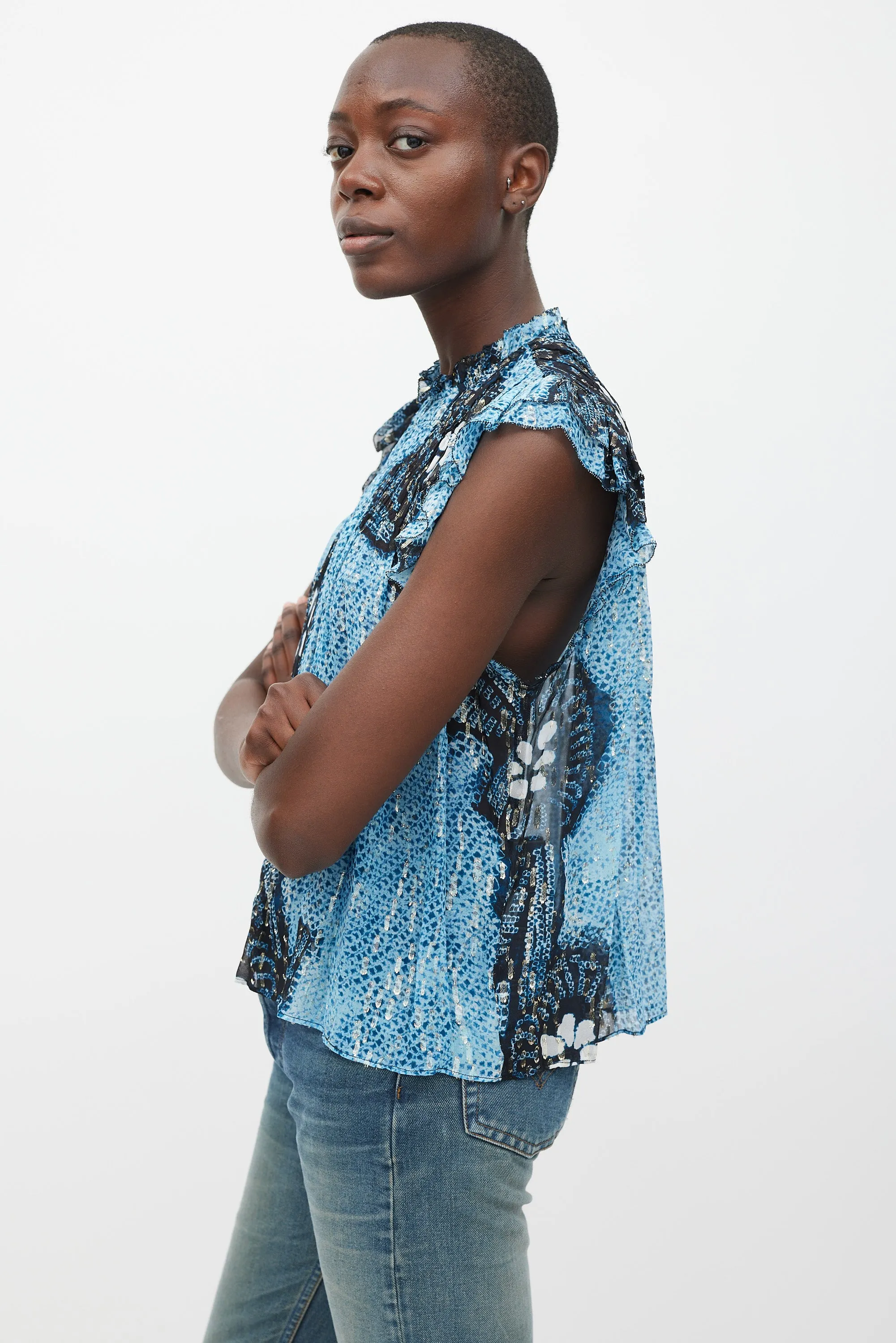 Blue & Black Silk Printed Aya Top