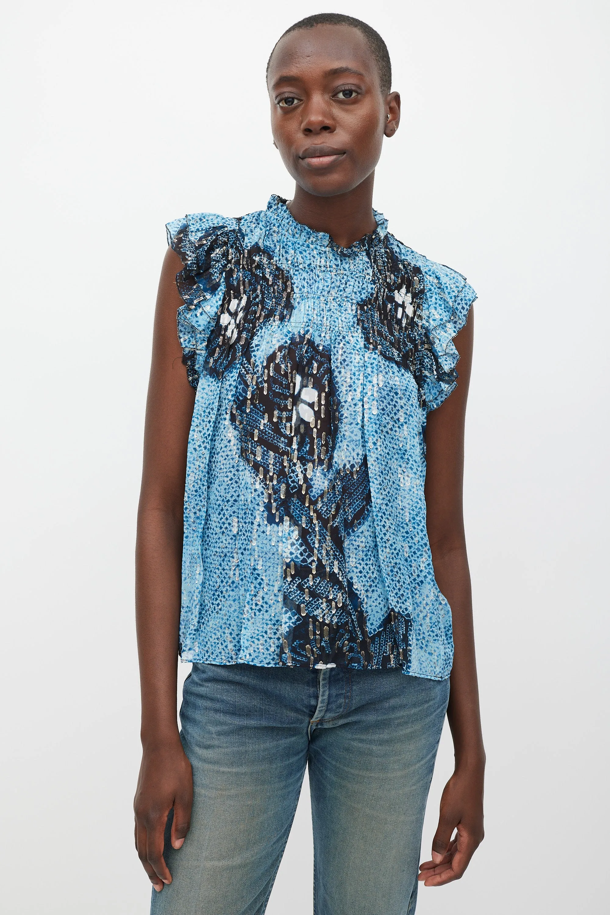 Blue & Black Silk Printed Aya Top