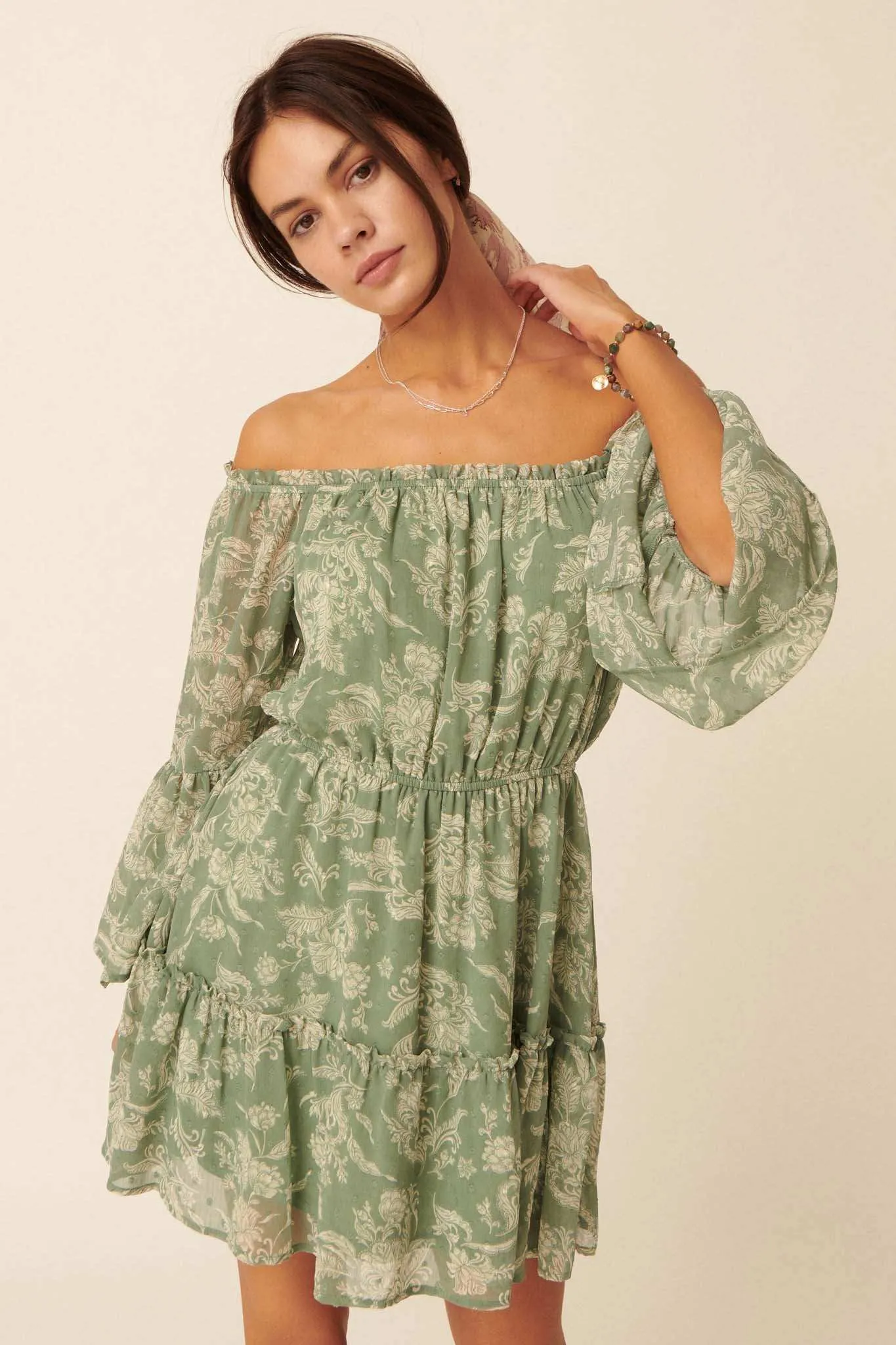 Classical Era Floral Off-Shoulder Mini Dress