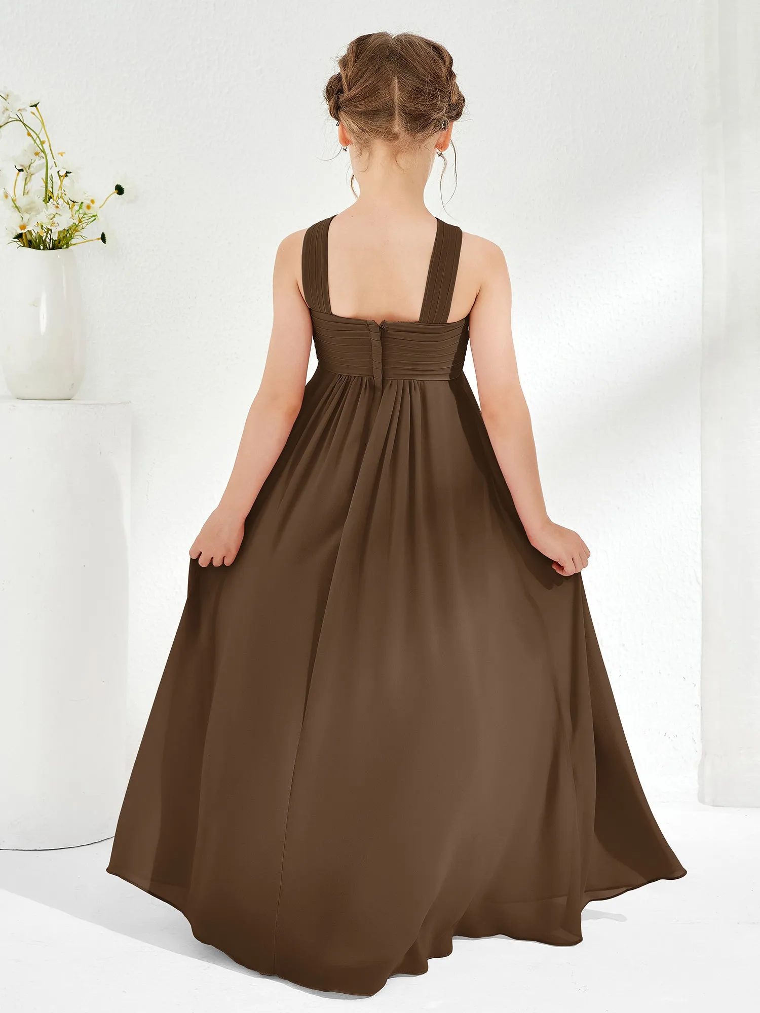 Cross Shoulder Strap Junior Bridesmaid Dresses with Empire Waist Brown