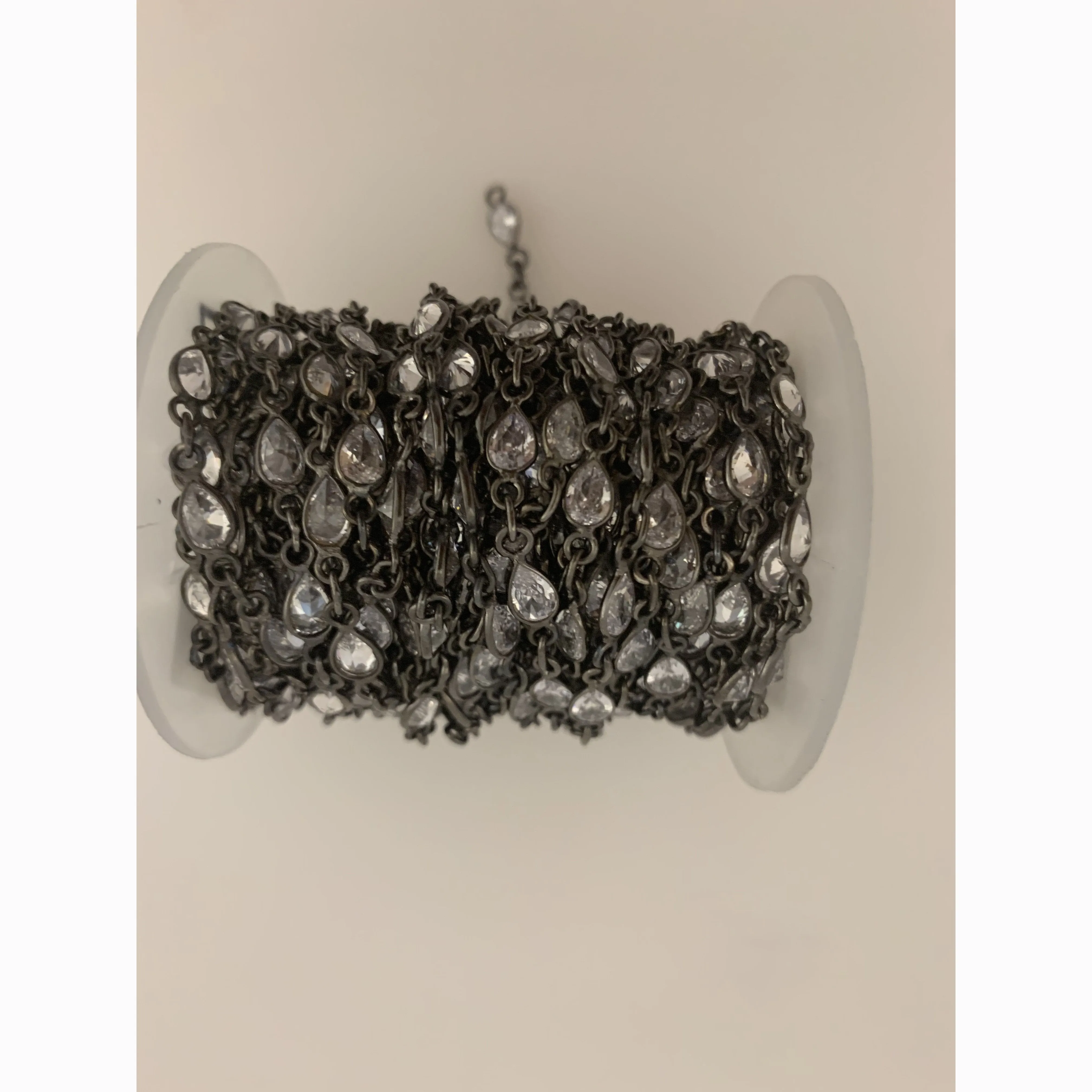 CZ Chain, Pear Shape CZ Chain, Gunmetal Plated Chain, 12.4mmX4.6mm Pear Shape Cubic Zirconia Bezels Chain, 1 Foot.
