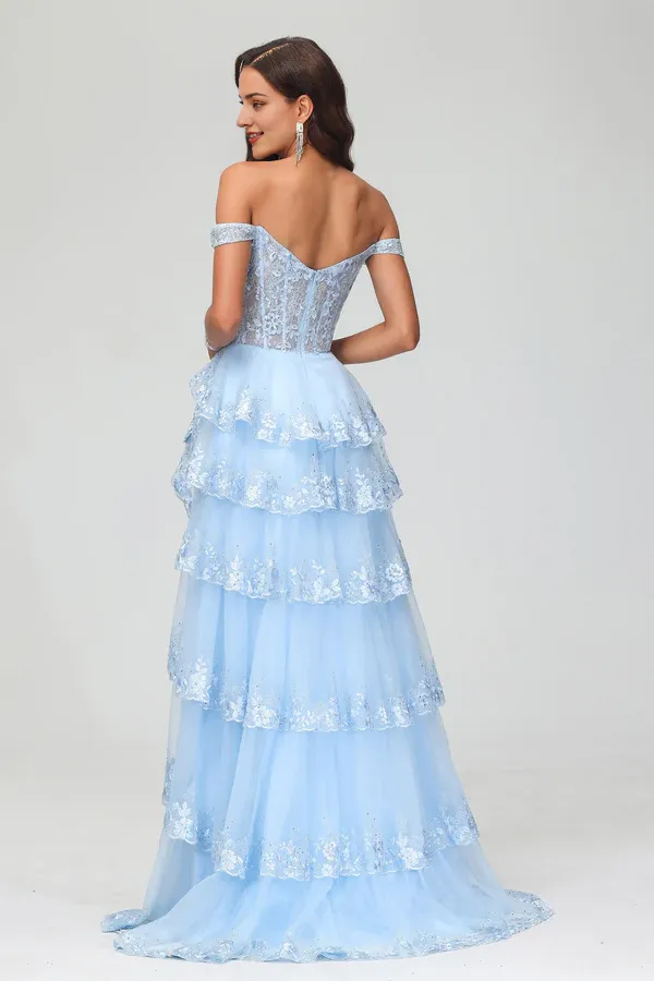 Elegant A-Line Prom Dresses Off Shoulder Rhinestone Tulle Sweep Train Dress