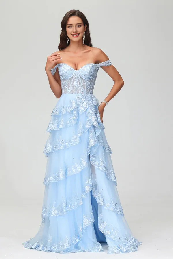 Elegant A-Line Prom Dresses Off Shoulder Rhinestone Tulle Sweep Train Dress