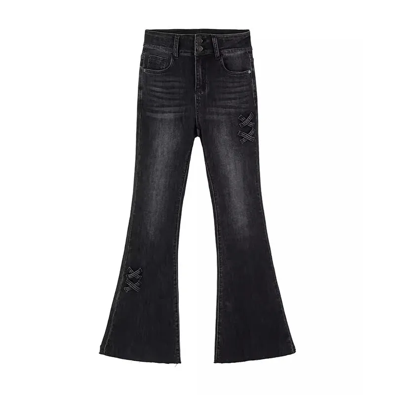 Gothic Flared Jeans mit Schleifen und Raw Edge Saum