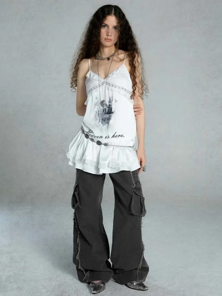 Layered Satin Lace Print Camisole【s0000009021】