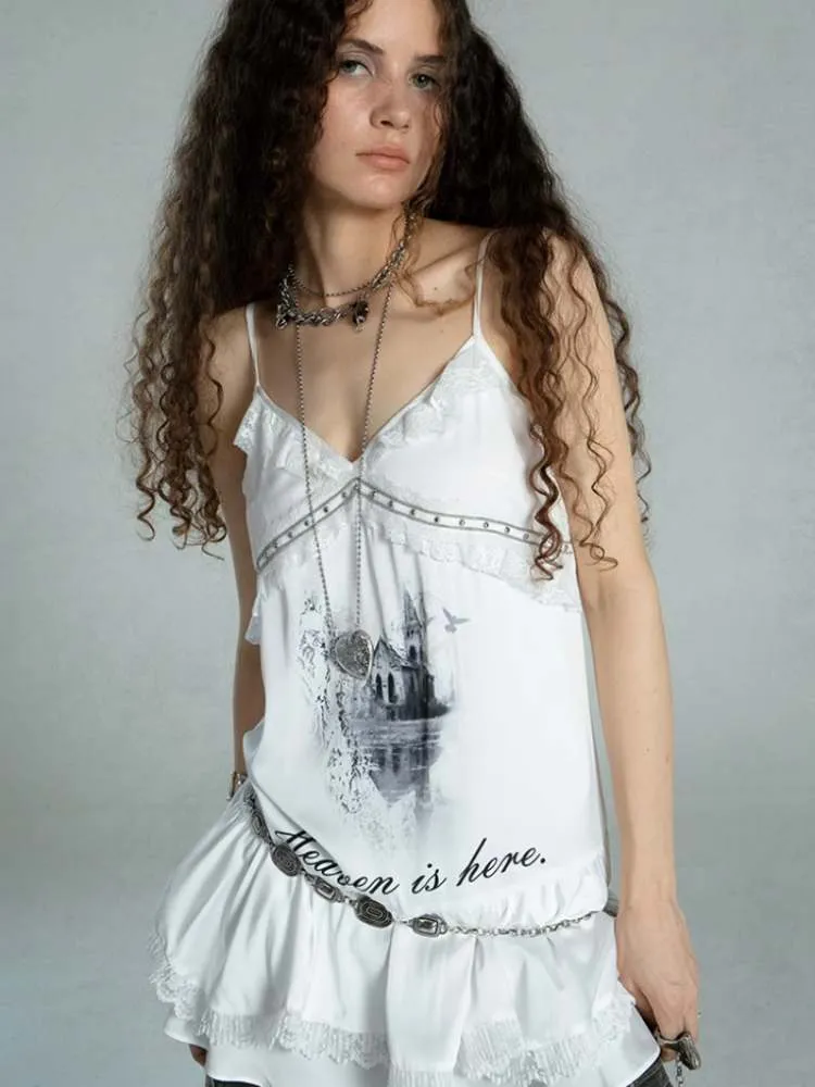 Layered Satin Lace Print Camisole【s0000009021】
