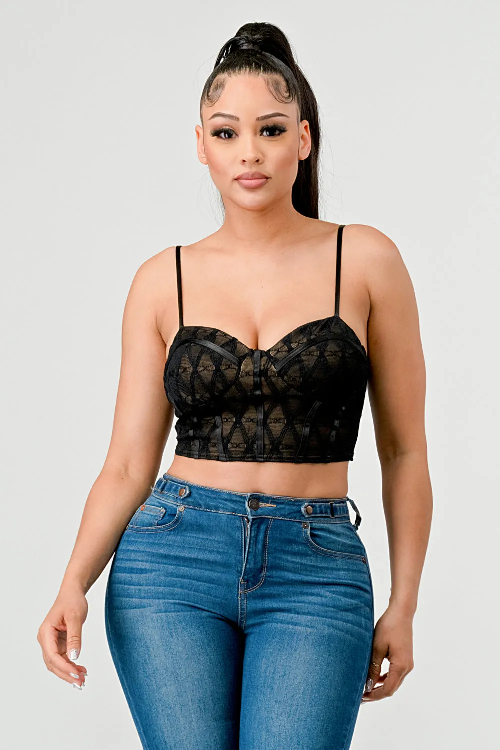 LUX SUPER STRETCH MESH PATTERN LAYERED BUSTIER TOP