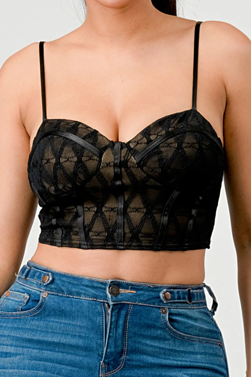 LUX SUPER STRETCH MESH PATTERN LAYERED BUSTIER TOP