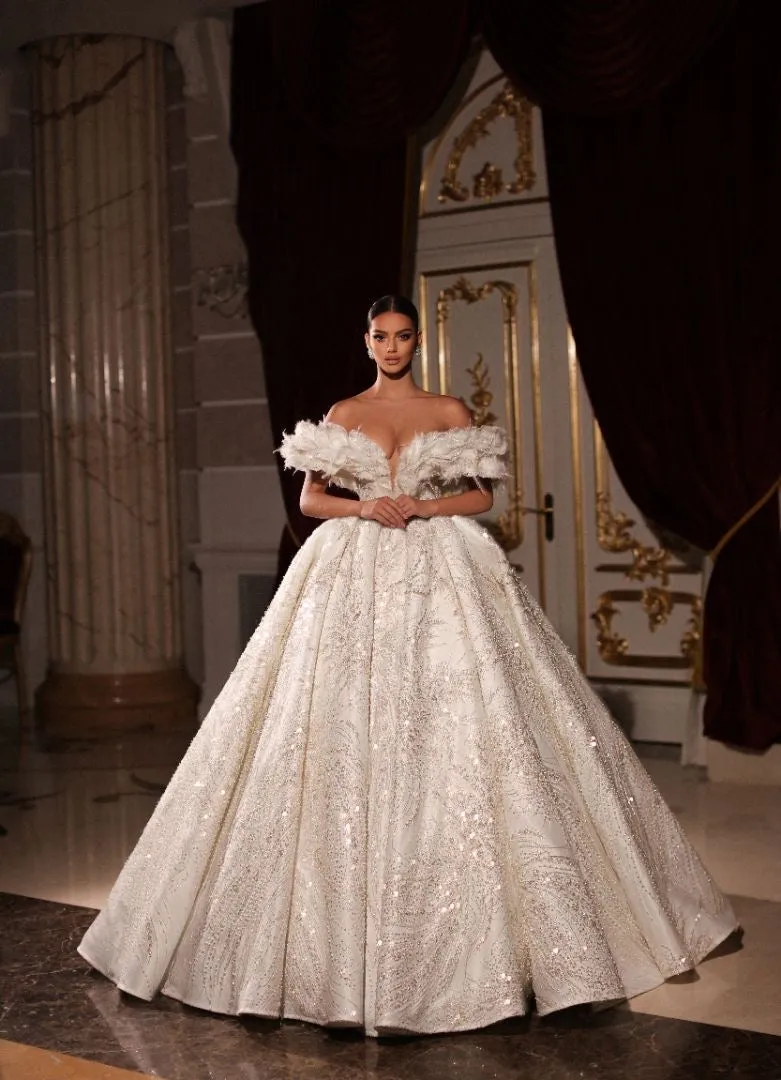Melissa Off Shoulder With Feather Touch Luxury White Wedding Dress