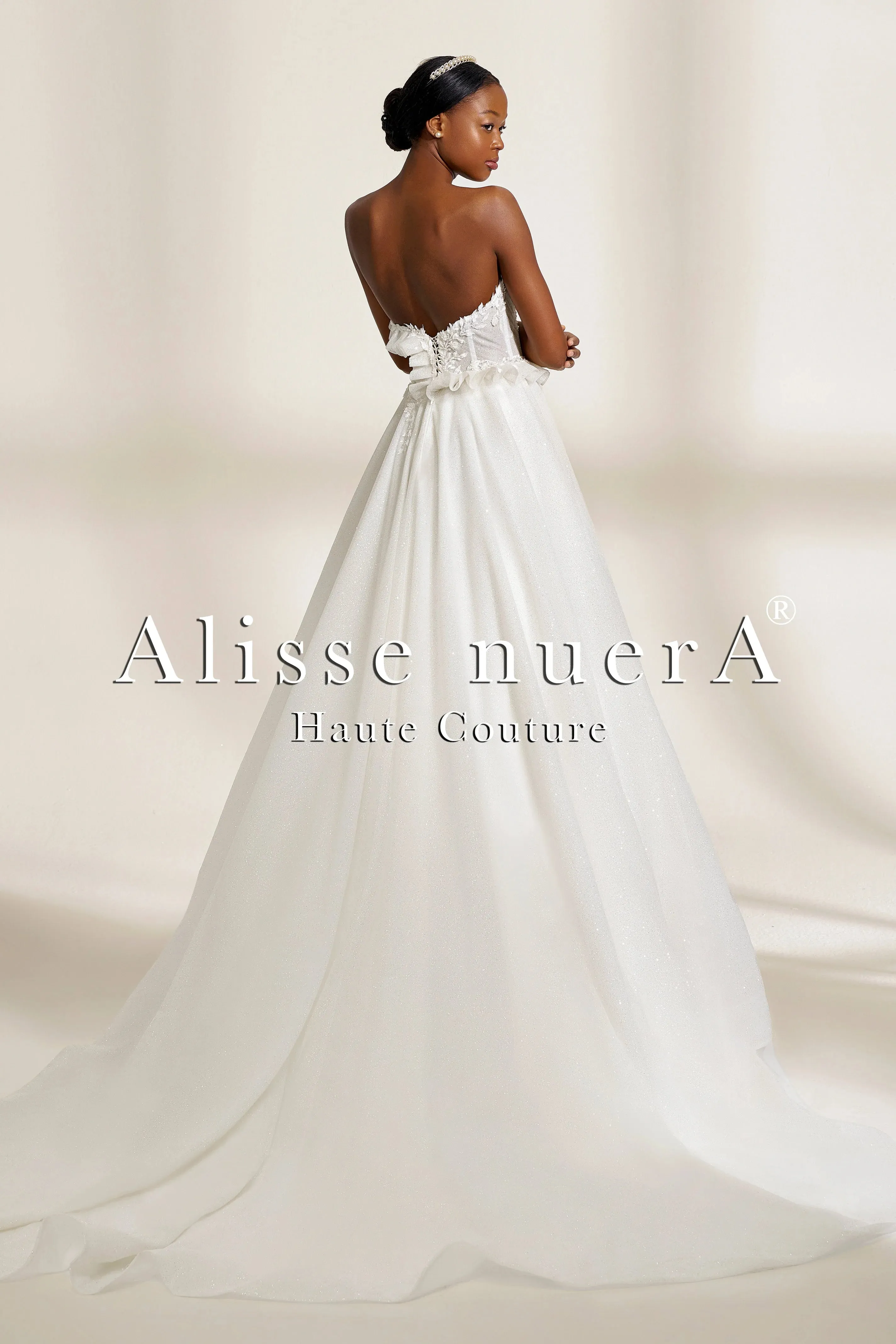 Ruffled Strapless Bohemian Wedding Dress in Shimmering Silk Tulle