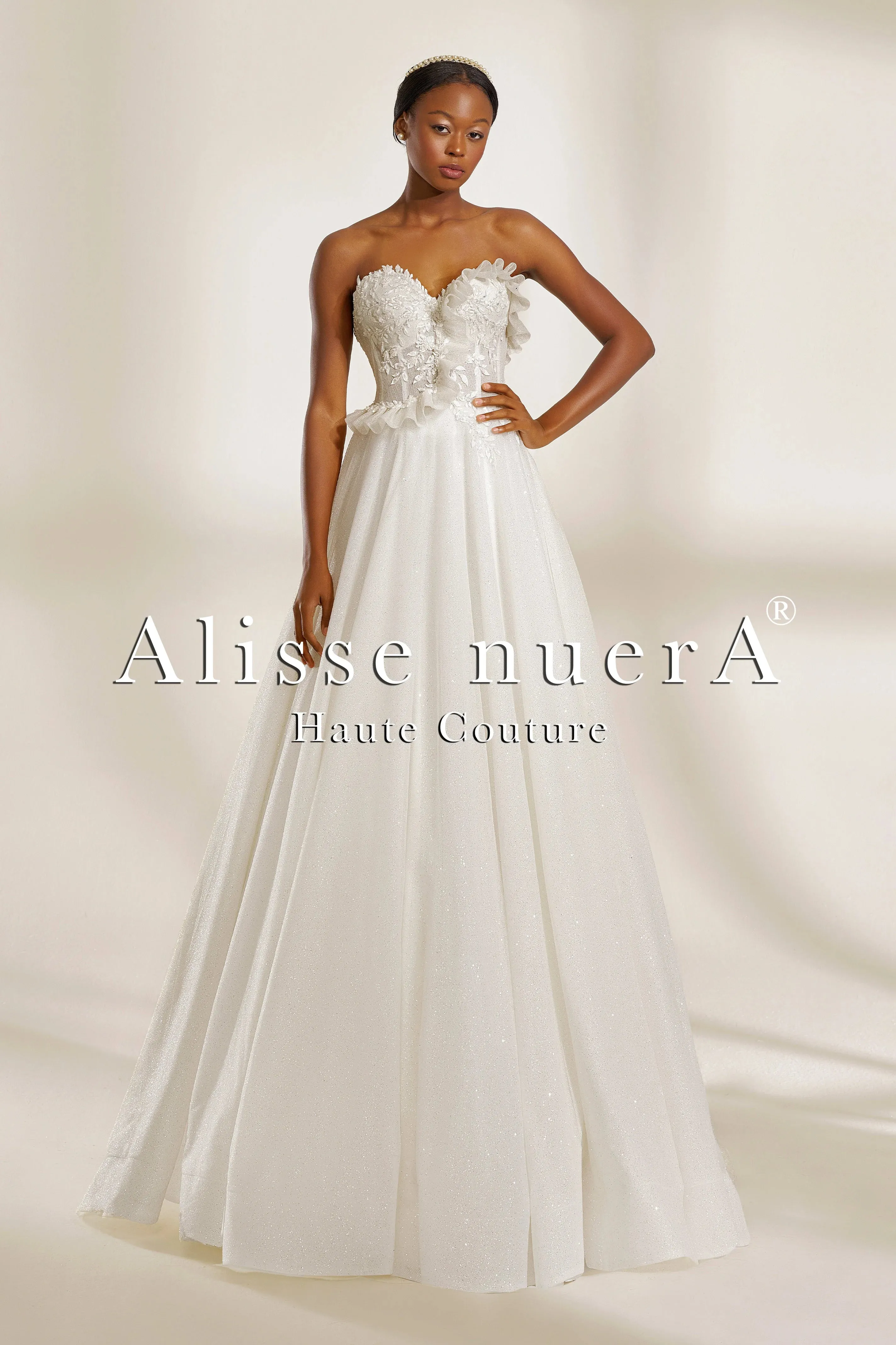 Ruffled Strapless Bohemian Wedding Dress in Shimmering Silk Tulle
