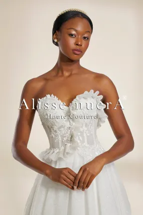 Ruffled Strapless Bohemian Wedding Dress in Shimmering Silk Tulle
