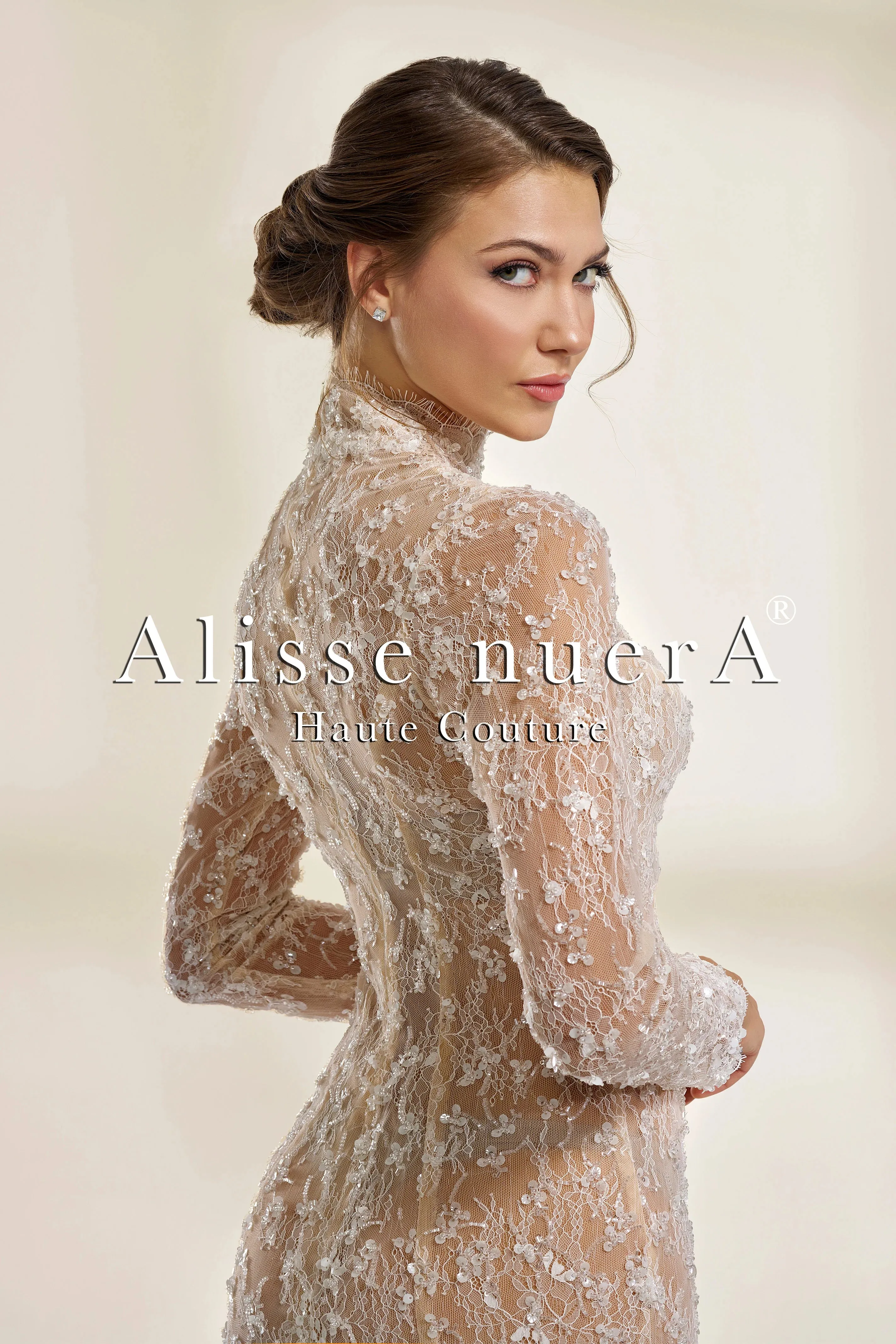 Satin Wedding Dress with French Lace Long Sleeves Thigh High Slit and Mini Dress Lining