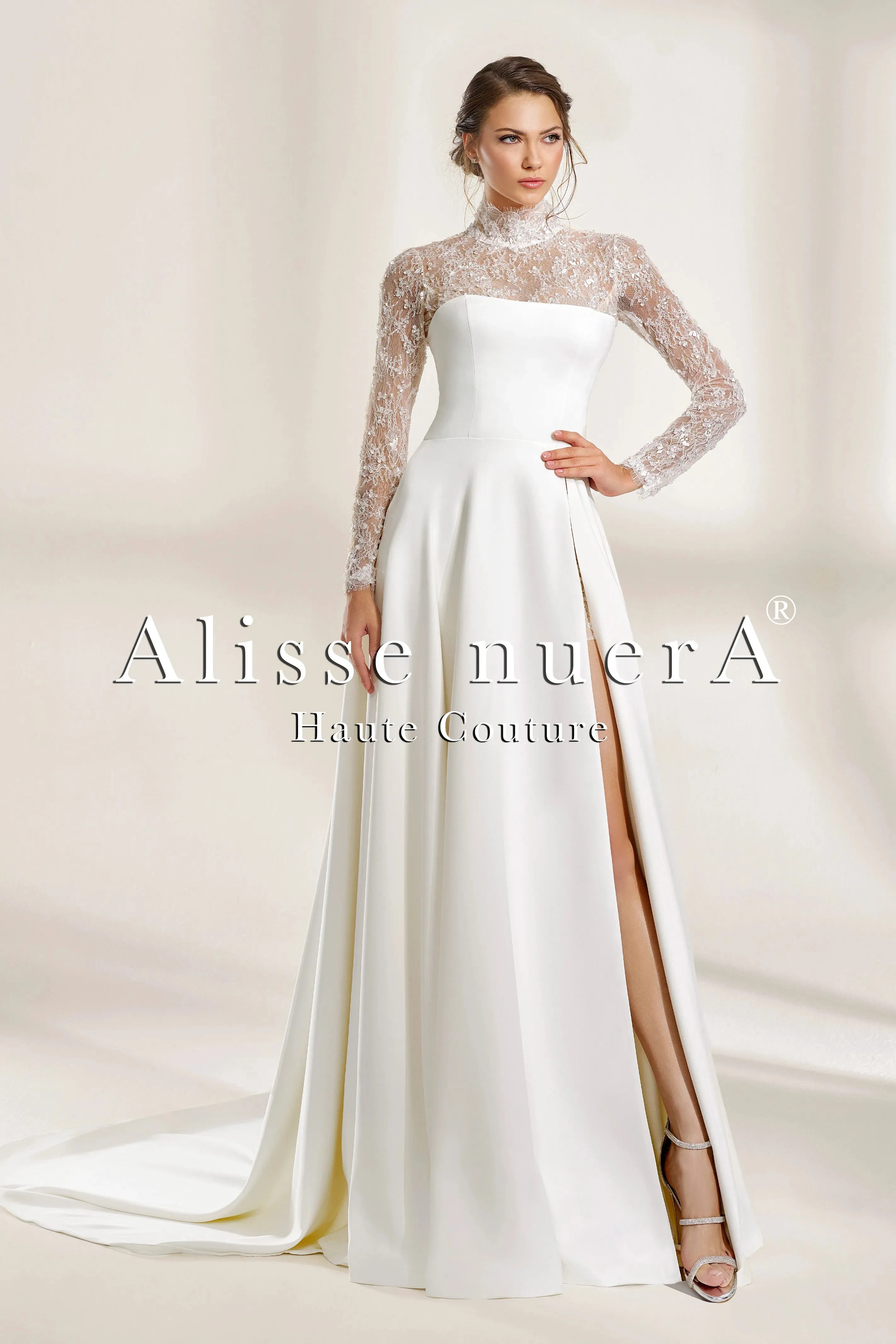 Satin Wedding Dress with French Lace Long Sleeves Thigh High Slit and Mini Dress Lining
