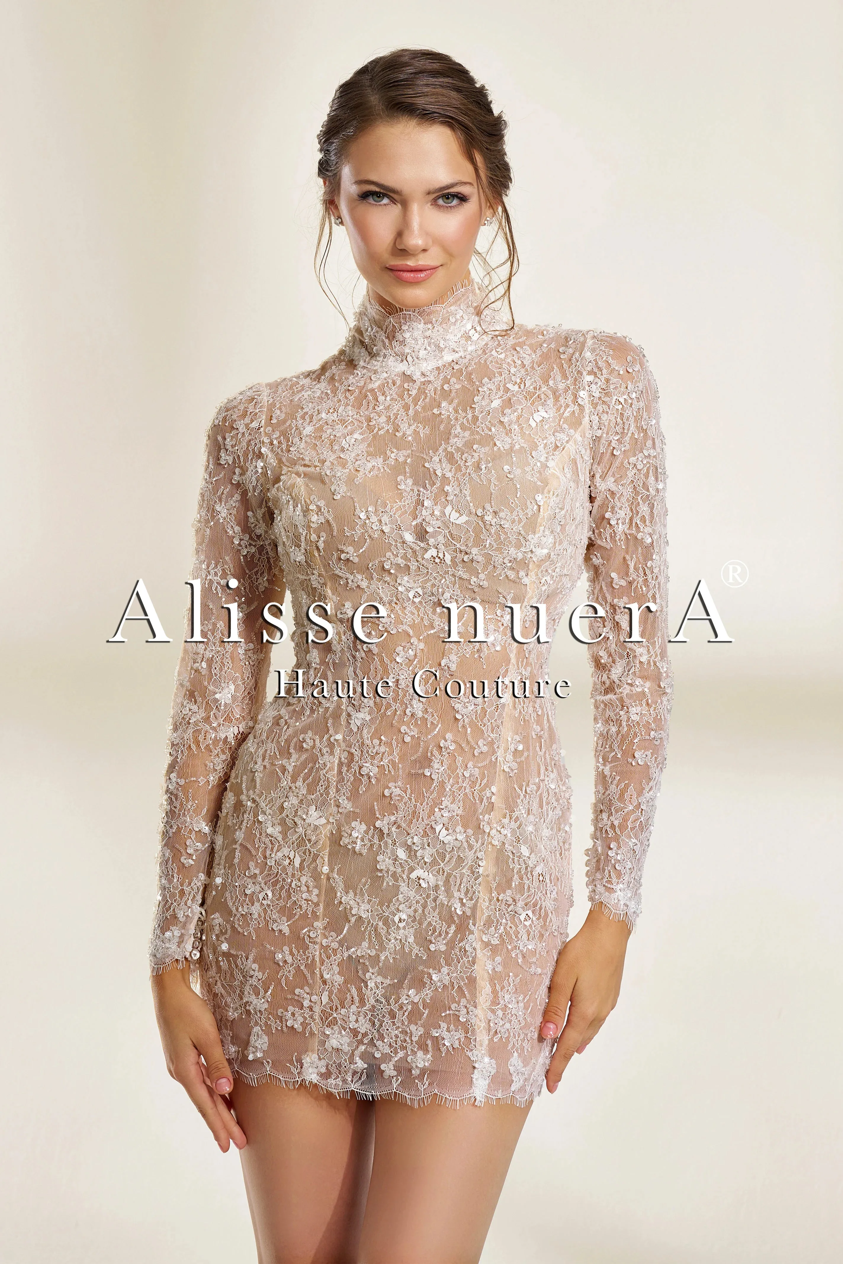 Satin Wedding Dress with French Lace Long Sleeves Thigh High Slit and Mini Dress Lining