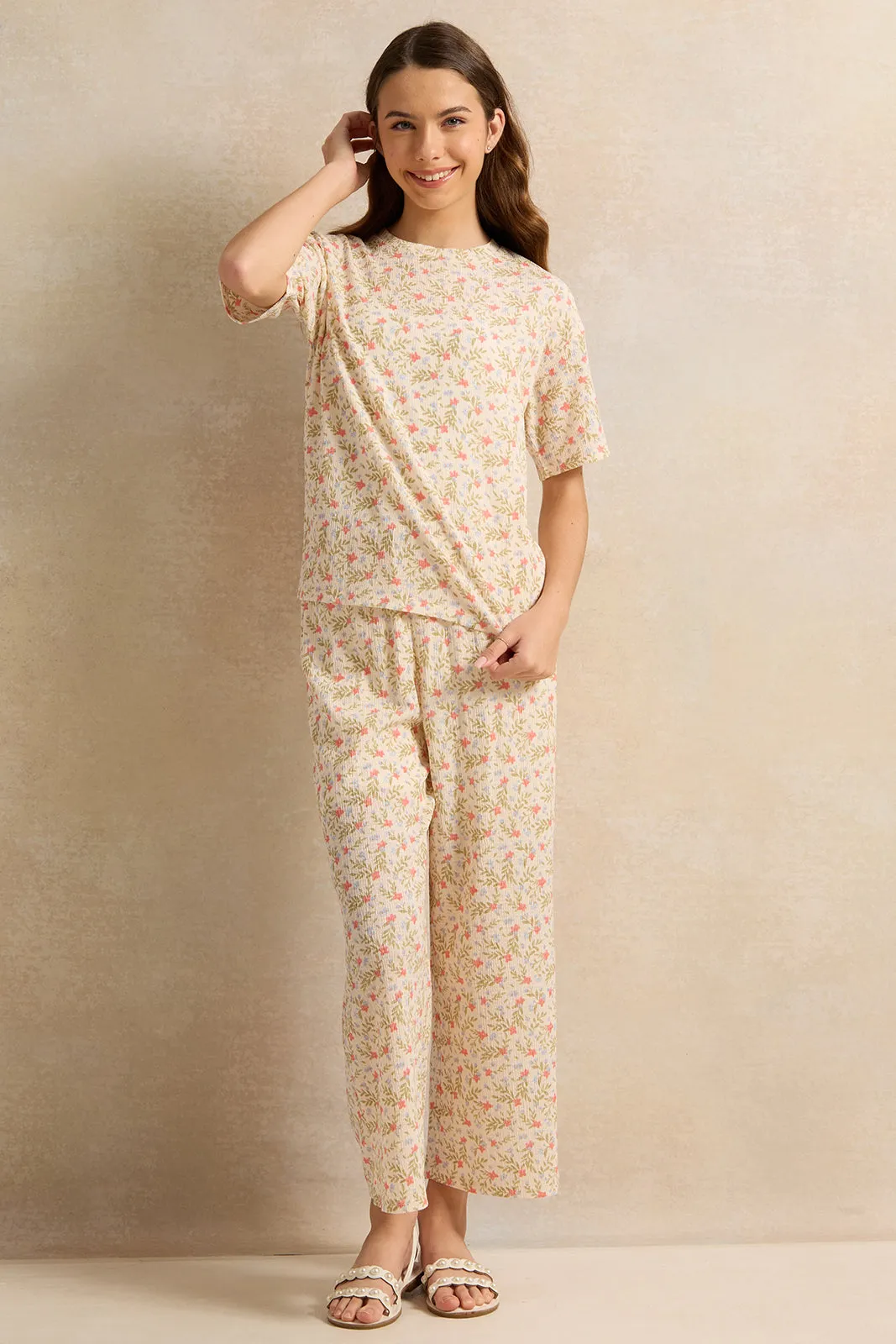 Senior Girls Cream Wide Leg Printed Trousers