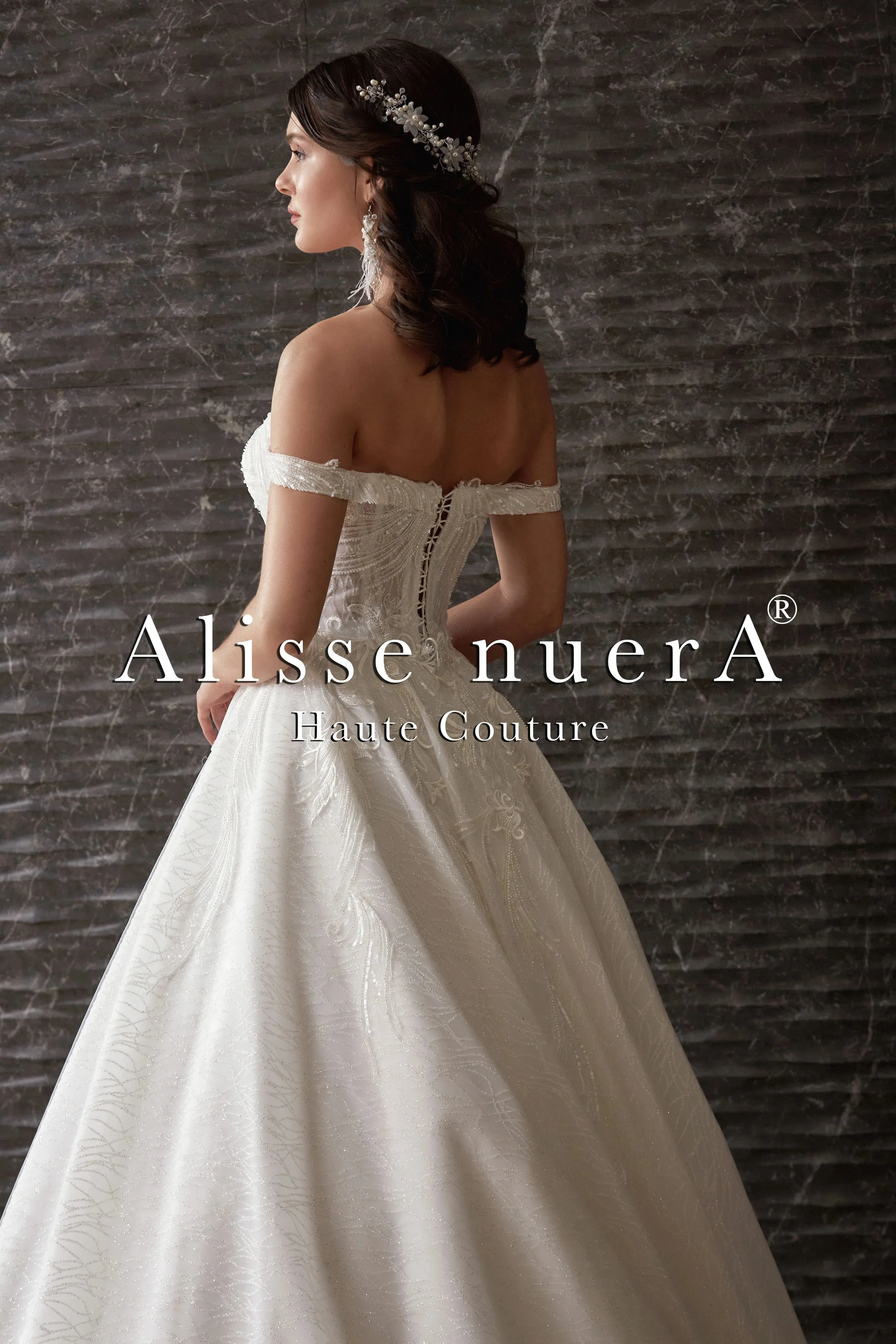 Sequined Off Shoulder A Line Glittering Tulle Bridal Dress