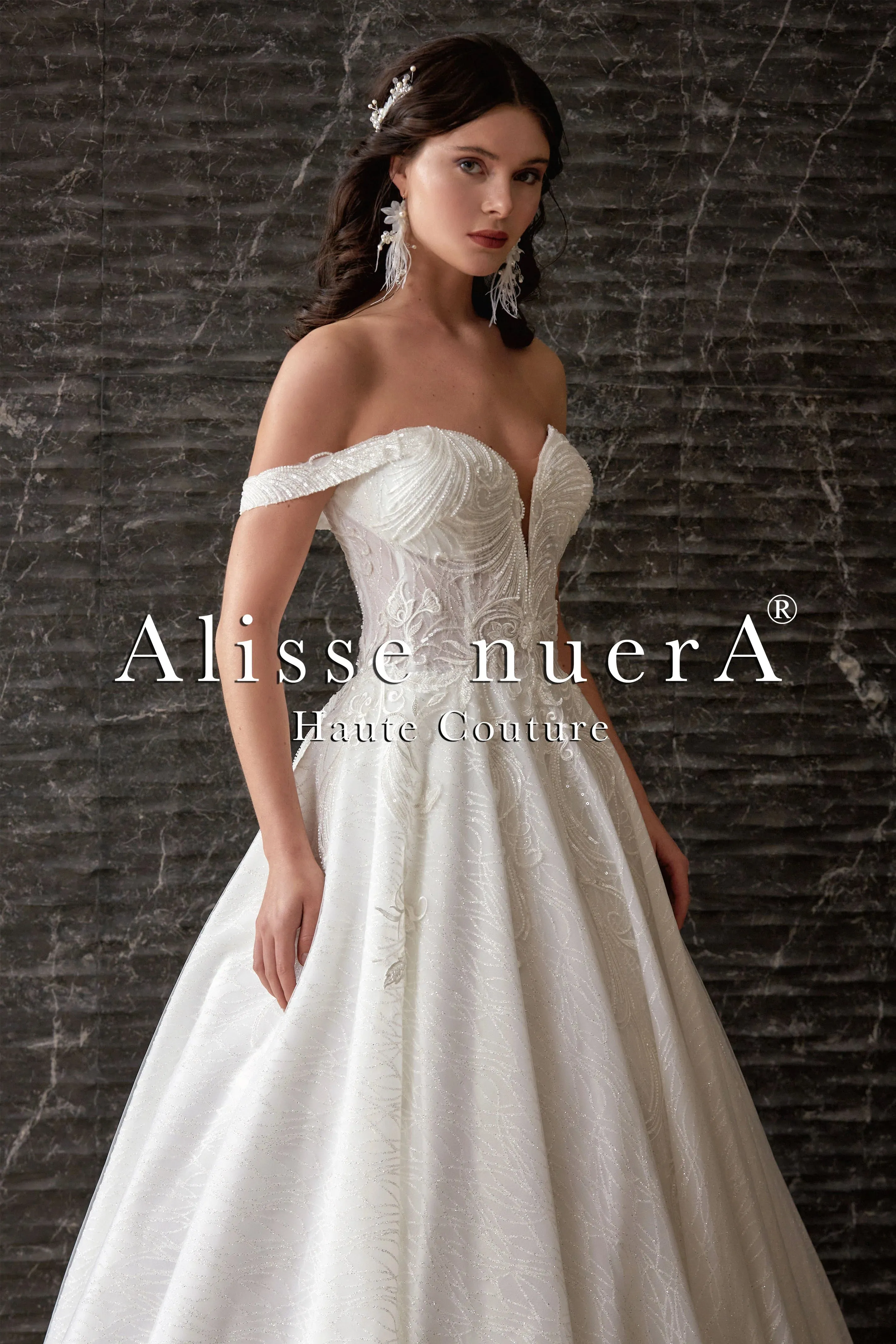 Sequined Off Shoulder A Line Glittering Tulle Bridal Dress