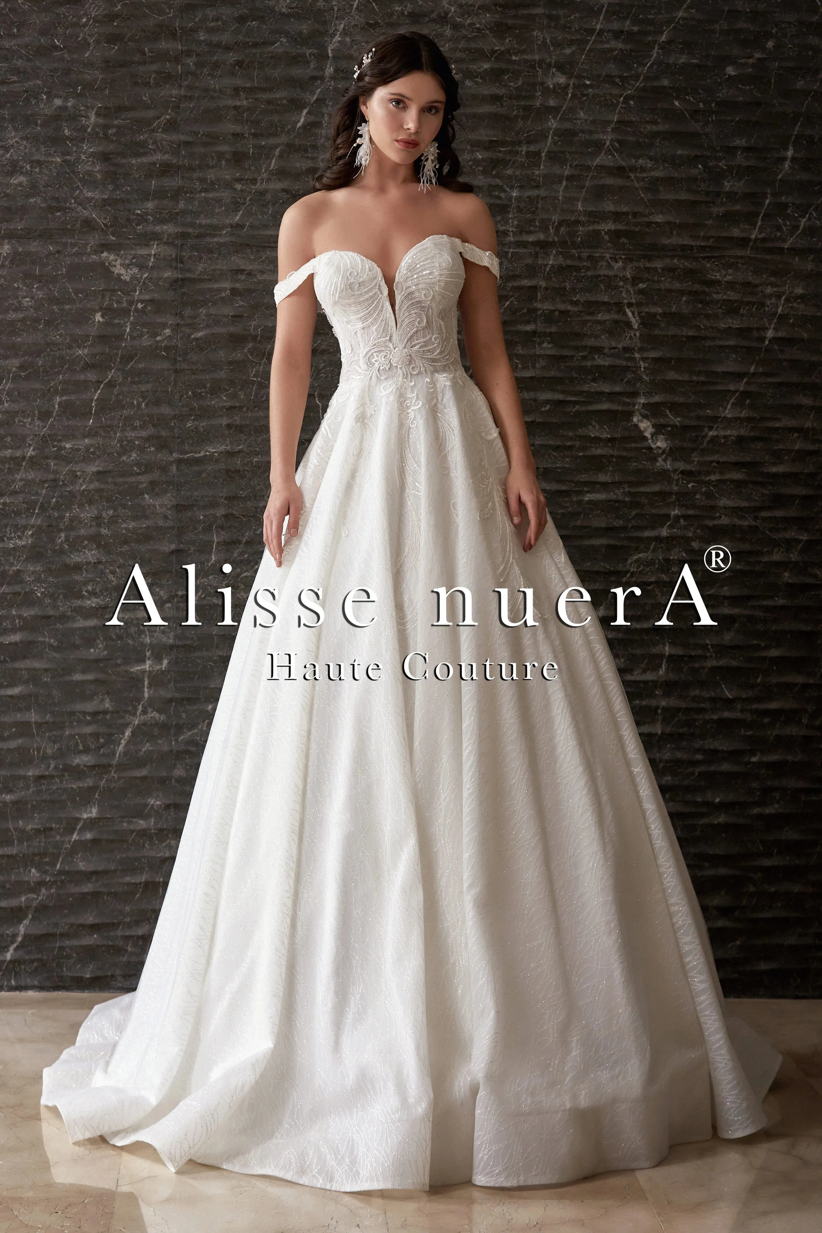 Sequined Off Shoulder A Line Glittering Tulle Bridal Dress