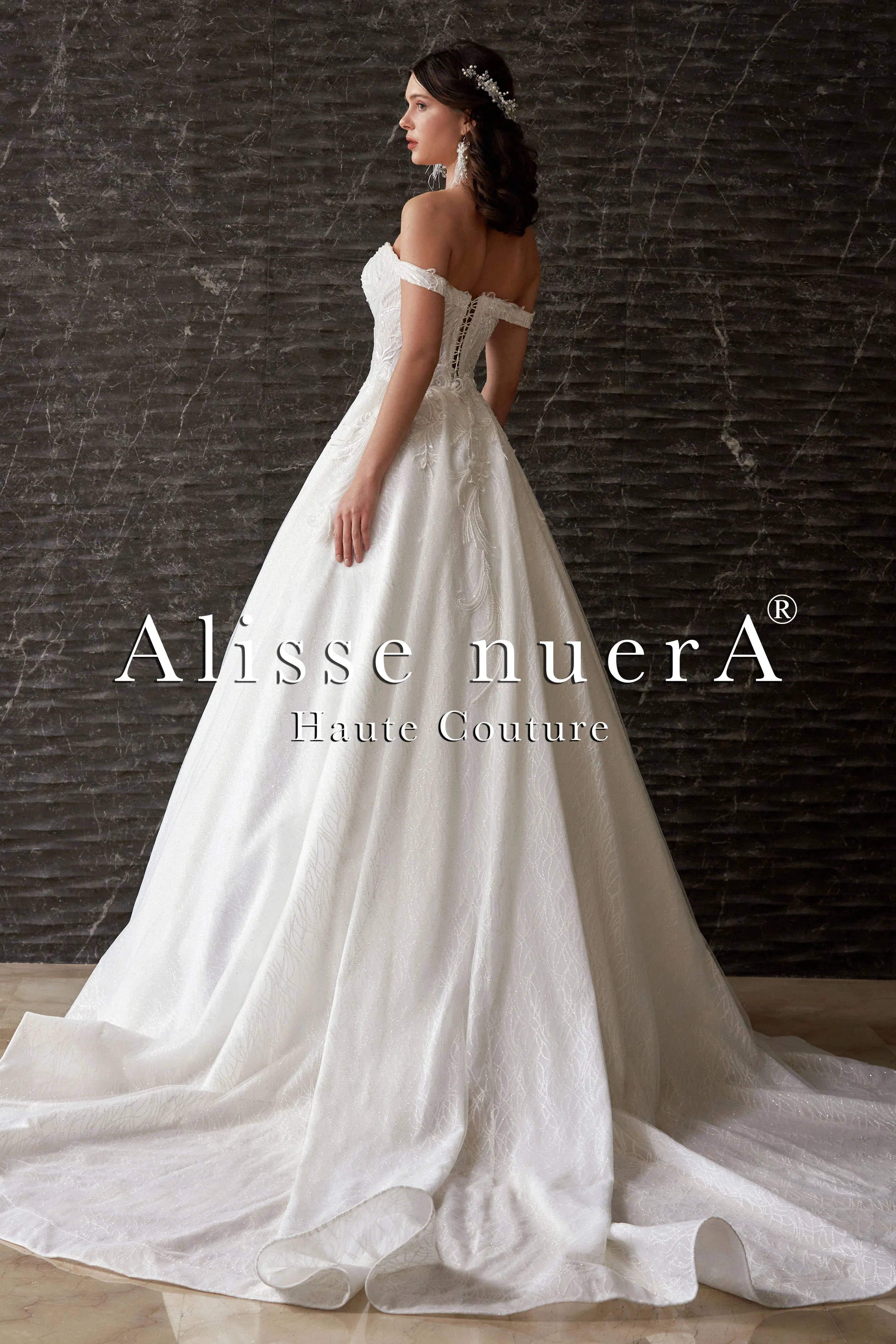 Sequined Off Shoulder A Line Glittering Tulle Bridal Dress