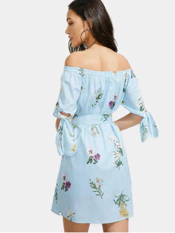 TastyHottie - Gorgeous Off The Shoulder Floral Striped Belted Dress