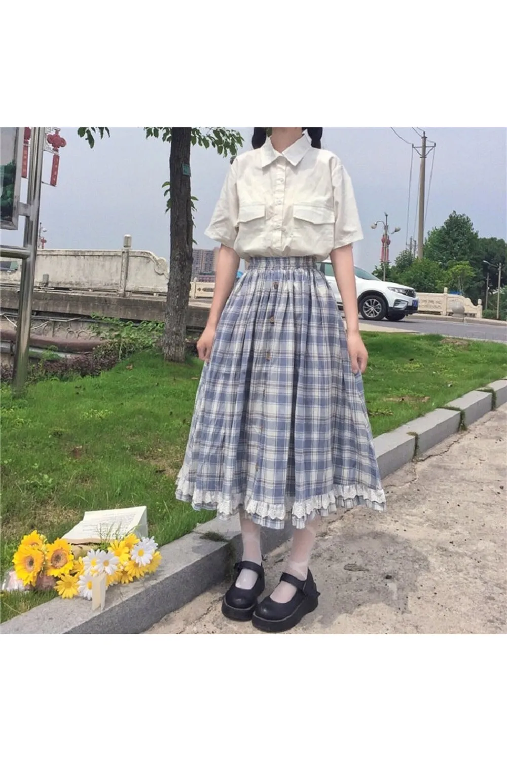 Vintage Plaid Ruffles Cotton Skirt