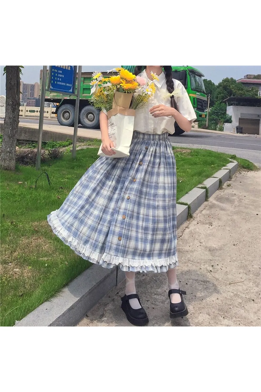 Vintage Plaid Ruffles Cotton Skirt