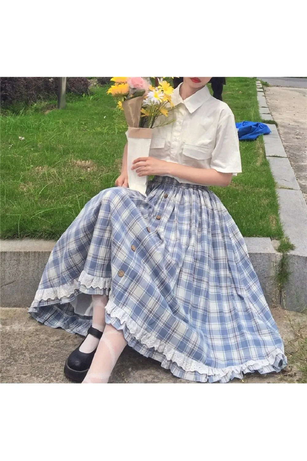 Vintage Plaid Ruffles Cotton Skirt