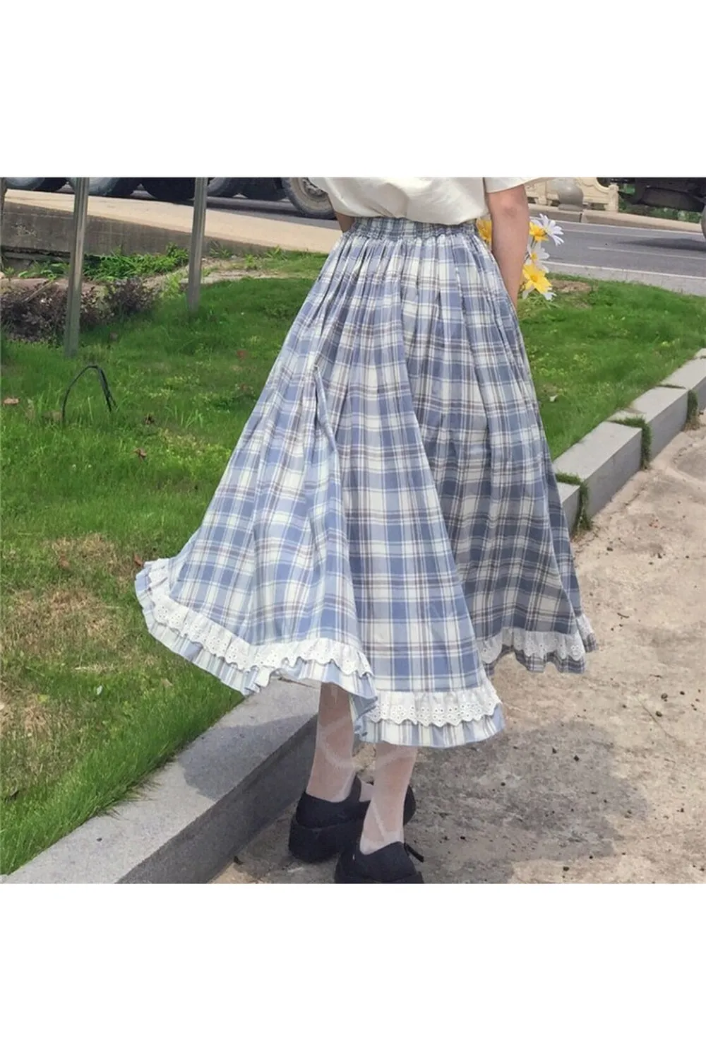 Vintage Plaid Ruffles Cotton Skirt